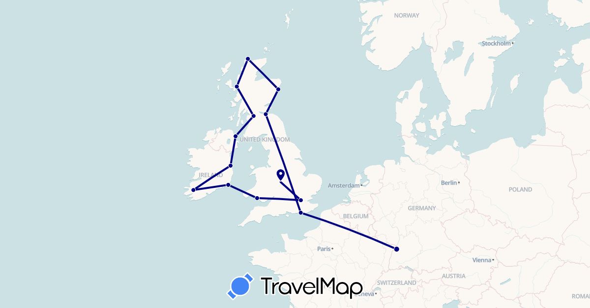 TravelMap itinerary: driving in Germany, United Kingdom, Ireland (Europe)