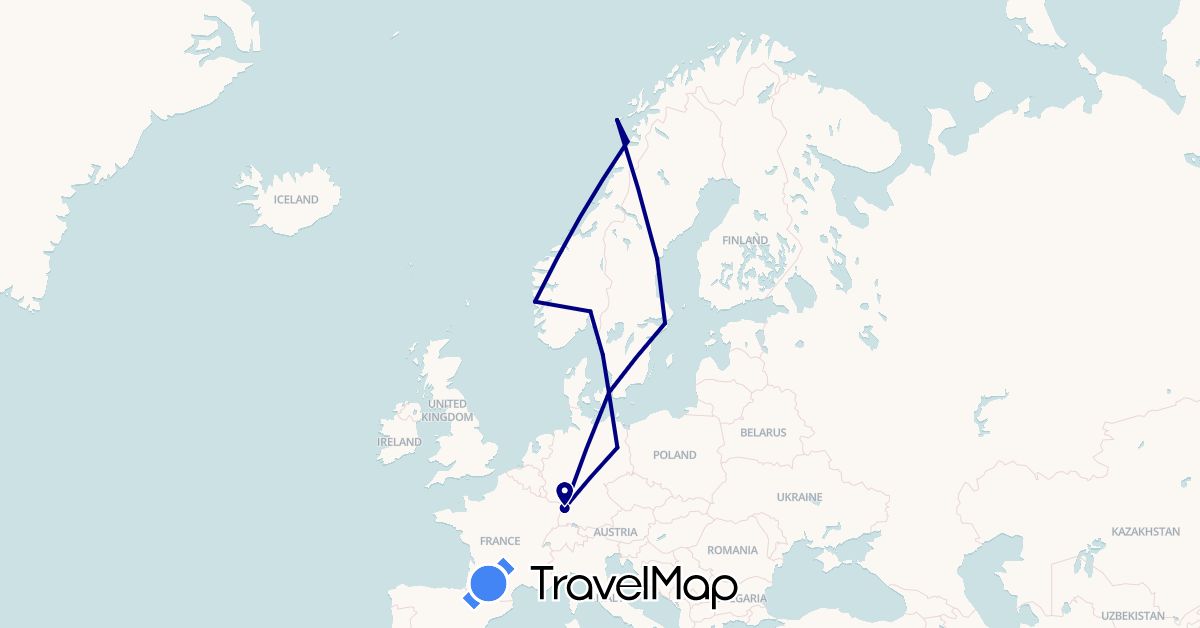 TravelMap itinerary: driving in Germany, Denmark, Norway, Sweden (Europe)